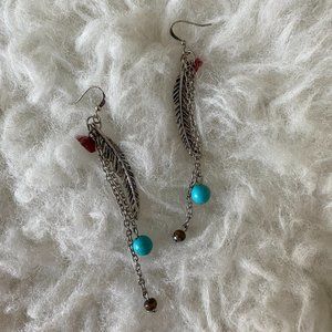 Silver feather bohemian earrings with aqua & red